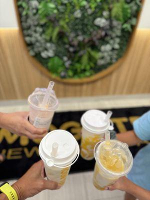 Cheese foam mango tea slush, yogurt mango tea, mango bubble milk swirl, and taro bubble milk tea