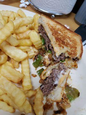 Patty Melt with fries.