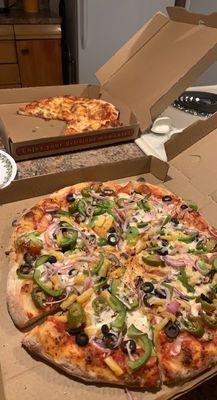 Veggie Lover Pizza and Smoked Chicken Pizza with pineapple