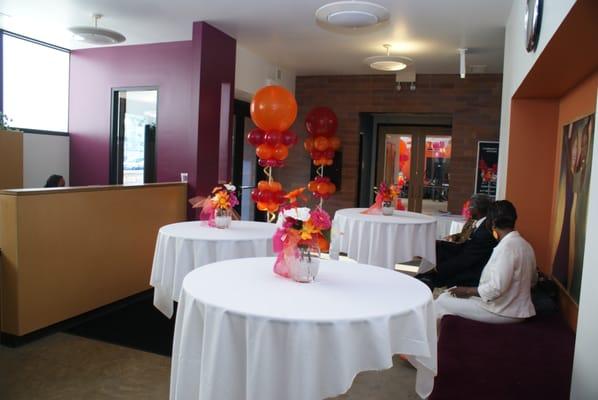 The lobby: we removed the usual chairs and added 3 highboy tables.