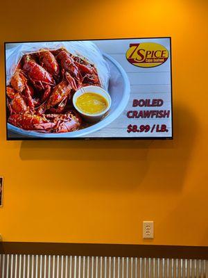 Crawfish menu board May 2023