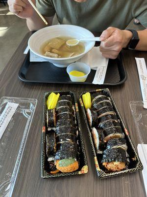 Fish cake soup, spicy tuna kimbap and kimchi kimbap