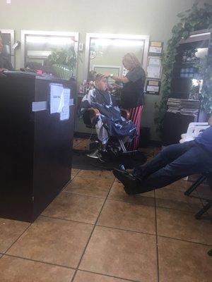 Son wanted his hair cut by the ladies.  We shall see $12'