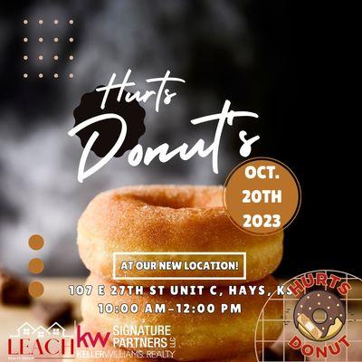 Join us at our brand-new location, 107 E 27th St Unit C, Hays, KS, as we have delicious donuts from Hurts Donuts from 10:00 am to 12:00 pm!