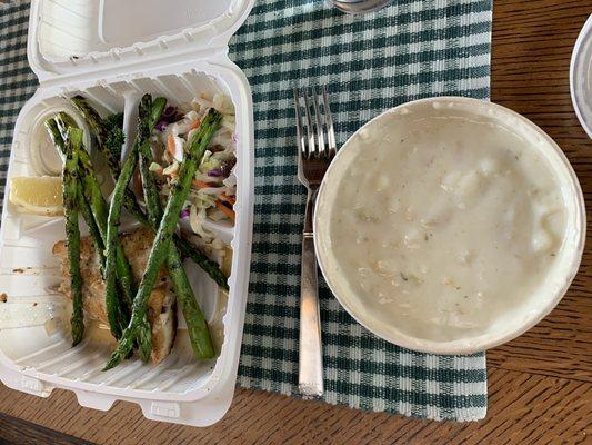 Halibut (tasty) with a very impressive sized clam chowder that is included as a side!