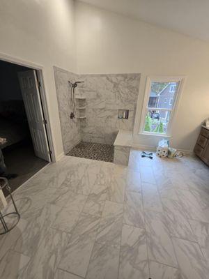 Bathroom remodel, view of shower and floor.