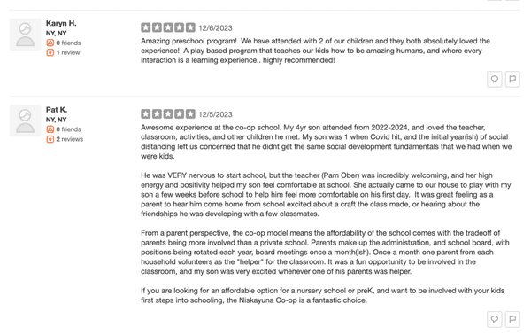 Read reviews from parents on Yelp (removed from page as Yelp algorithm doesnt like first time reviewers)