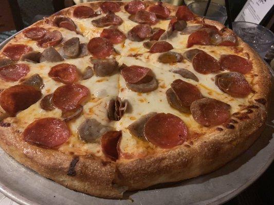 A LARGE pie with Sausage, Pepperoni and extra cheese-the best!!! (Better than a small pie for the money)