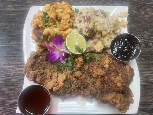 Chicken fried steak, Mac and cheese, and red potato mash.