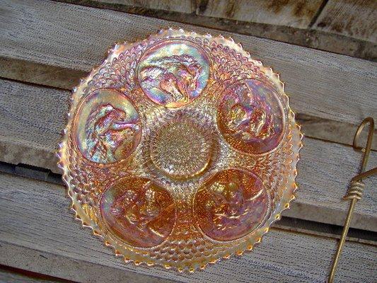 Red "Horse Medallion" Carnival Glass plate.