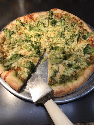 Broccoli Pesto Pizza.  Unique and tasty!