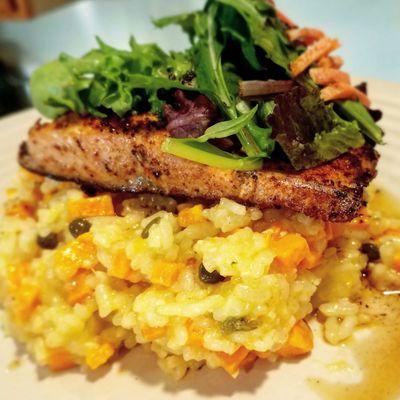 Pan Seared Jerk Salmon on a bed of Sweet potatoe Risotto