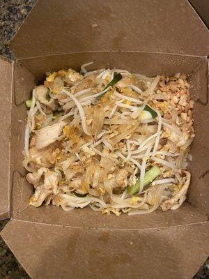 Colorless, pad Thai in a crappy cardboard box.