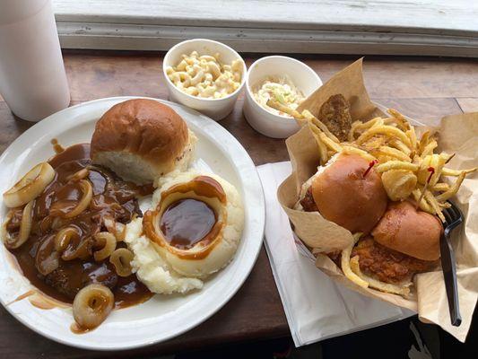 Hamburger Steak with Grilled Onions and Gravy and Hot, Hot Fried Chicken Sandwich ...on lunch break!