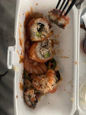 Jalapeño rainbow roll- I could smell the fish from the bag (takeout).