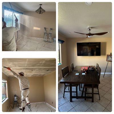 Pop corn ceiling removal, texture, paint and ceiling fan installation