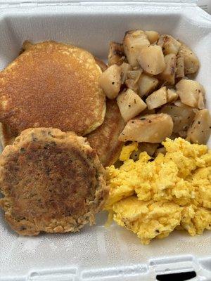 Salmon Cake, eggs, potatoes, a Corn Cake, and a pancake