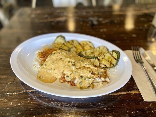 Cajun Piccata Sauce over blackened catfish and rice. Wow was this good!