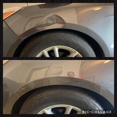 Honda civic fender dent repaired with paintless dent repair, middle