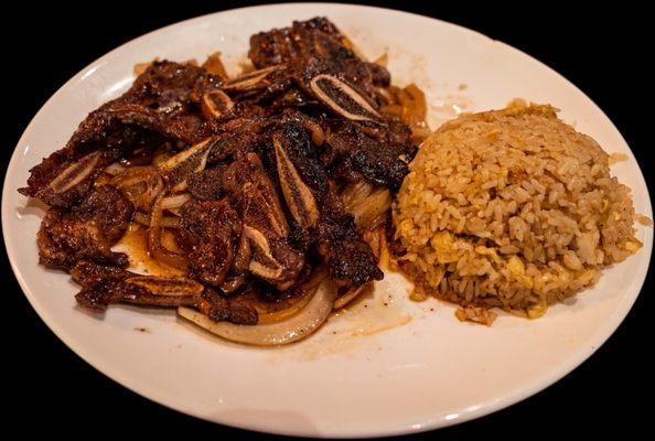 BBQ Kalbi Short Ribs. $20 cheap but almost ALL BONE NO MEAT! Onions galore. Fried rice upcharge $1. Meh.