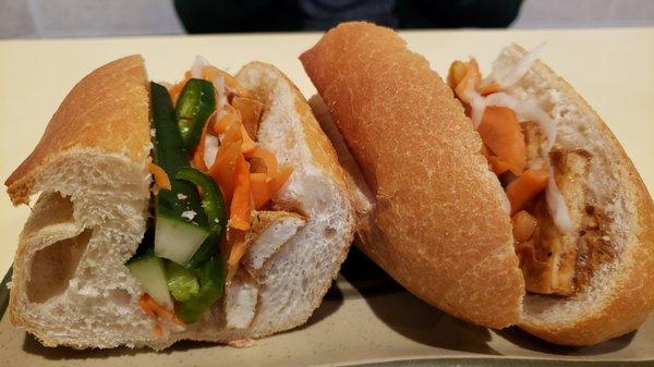 Tofu banh mi, made vegan w/o mayo ($4). Delicious with perfect bread.