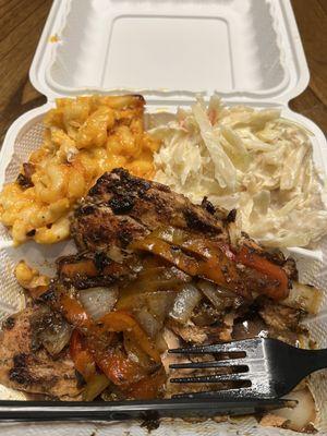 Jerk salmon with Mac n Cheese and Cole Slaw