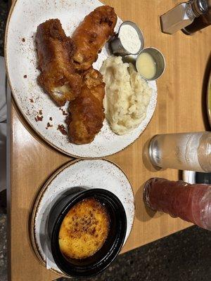 Fish and chips with a side of creamed corn