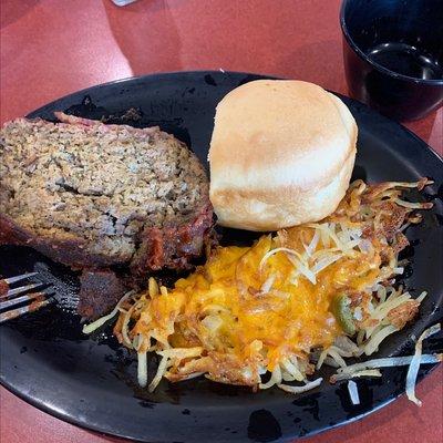 Bacon wrapped meatloaf, Texas hash, roll, drink $6.99 Let's eat!