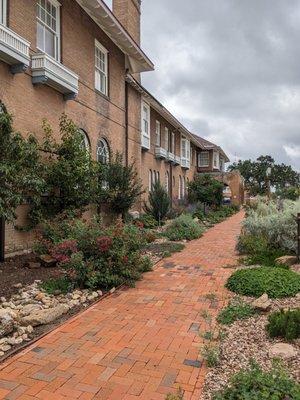 Front of hotel and garden space