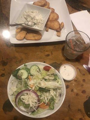 Salad, pecan praline whiskey on ice, fish dip