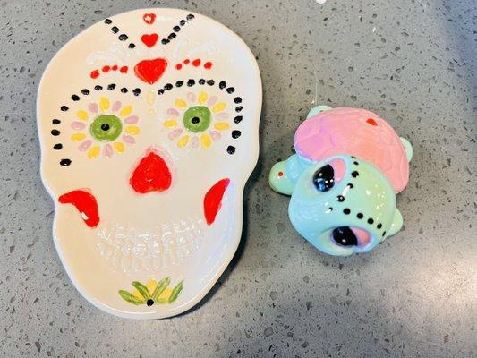 My sugar skull plate and bestie painted the turtle- the fired up product.