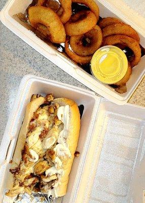 Chicken Bacon Ranch hoagie with Port City Cheesesteak's famous onion rings and honey mustard.  So good.