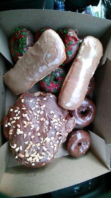 Maple bars, double chocolate cake donuts, and the huge peanut butter butterfly