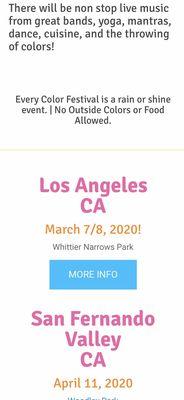 Use Code HOLI108 for 5% Off online. Holi Festival of Colors Saturday March 7 & Sunday March 8 @ Whittier Narrows Park in South El Monte