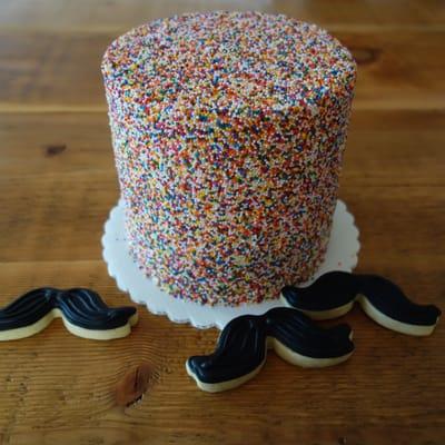 Everyday's a Party sprinkle cake + mustache sugar cookies