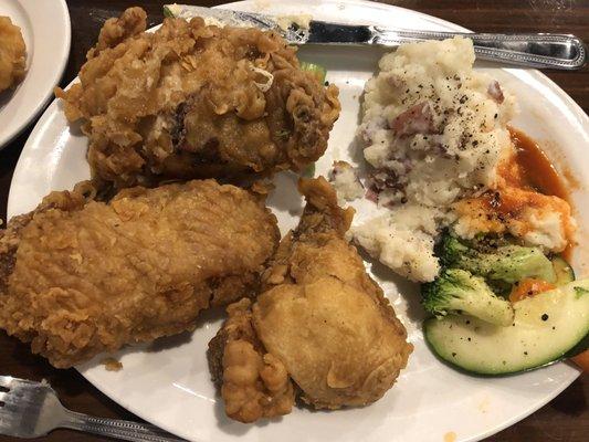 Fried chicken, very tender but only 4 pieces of veggies? sloppy spilled hot sauce, came out of the kitchen served like this by a young man.