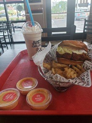 Spicy Chicken Deluxe sandwich meal with regular size classic shake ($14.19)