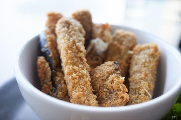 Crispy eggplant fries (parm, caponata aioli and dressed Hirabara greens)