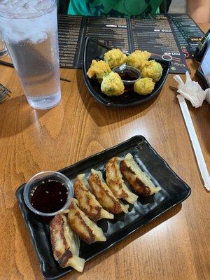 Gyoza and tempura Brussels sprouts