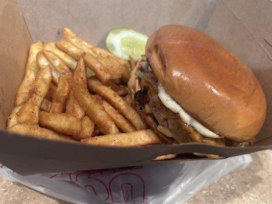 OG Bacon cheeseburger with fries.