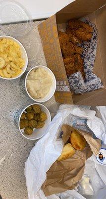 Southern Fried Chicken Mac and cheese  Fried okra  Chicken and dumplings  Biscuits and cornbread