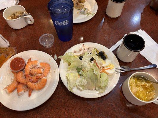 Peel and eat shrimp, salad with all the fixings, egg drop soup!