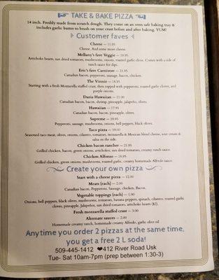 Take & Bake Pizza menu