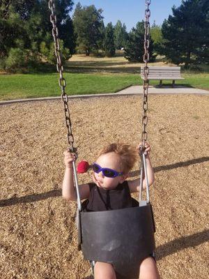 Fun swings! Sandbox, two playgrounds, basketball, walking track, disc golf and a bathroom. Can't ask for more!