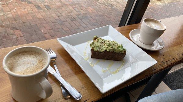 Latte, Cappuccino, and avocado toast