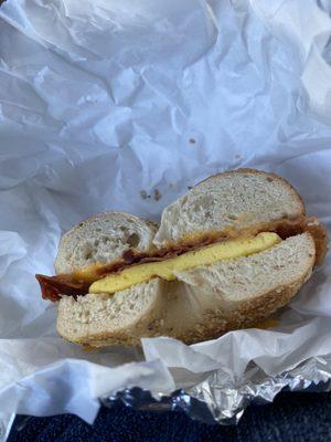 Sesame bagel, egg, bacon, cheese. Perfect.