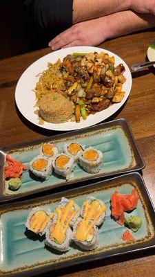 Grilled hibachi steak and chicken  Salmon spicy roll  Spicy California with spicy mayo