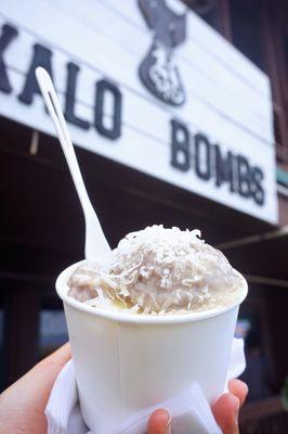 Pa'i 'Ai Bomb: fresh kalo pa'i 'ai (i.e. pounded taro) (4oz), choice of ice cream, niu (i.e. coconut) cream, niu flakes ($10).