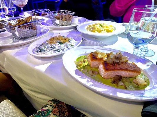 Salmon creamed spinach Mac and cheese and truffle fries