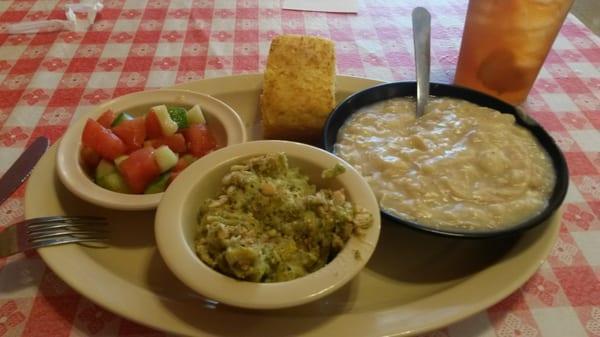 Chicken & Dumplings, broccoli casserole, tomato & cucumber salad, cornbread.